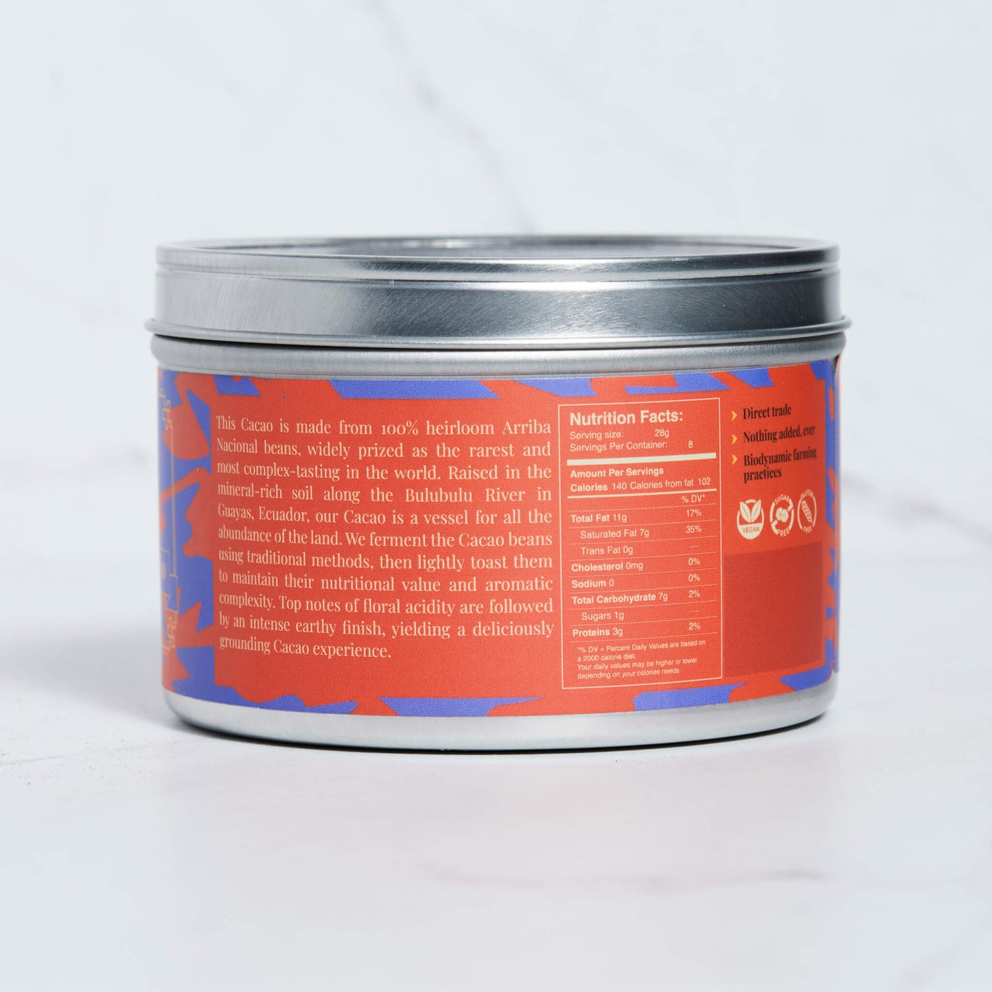 100% Arriba Nacional Ceremonial-Grade Cacao Tin, Organic (8 oz - granulated)
