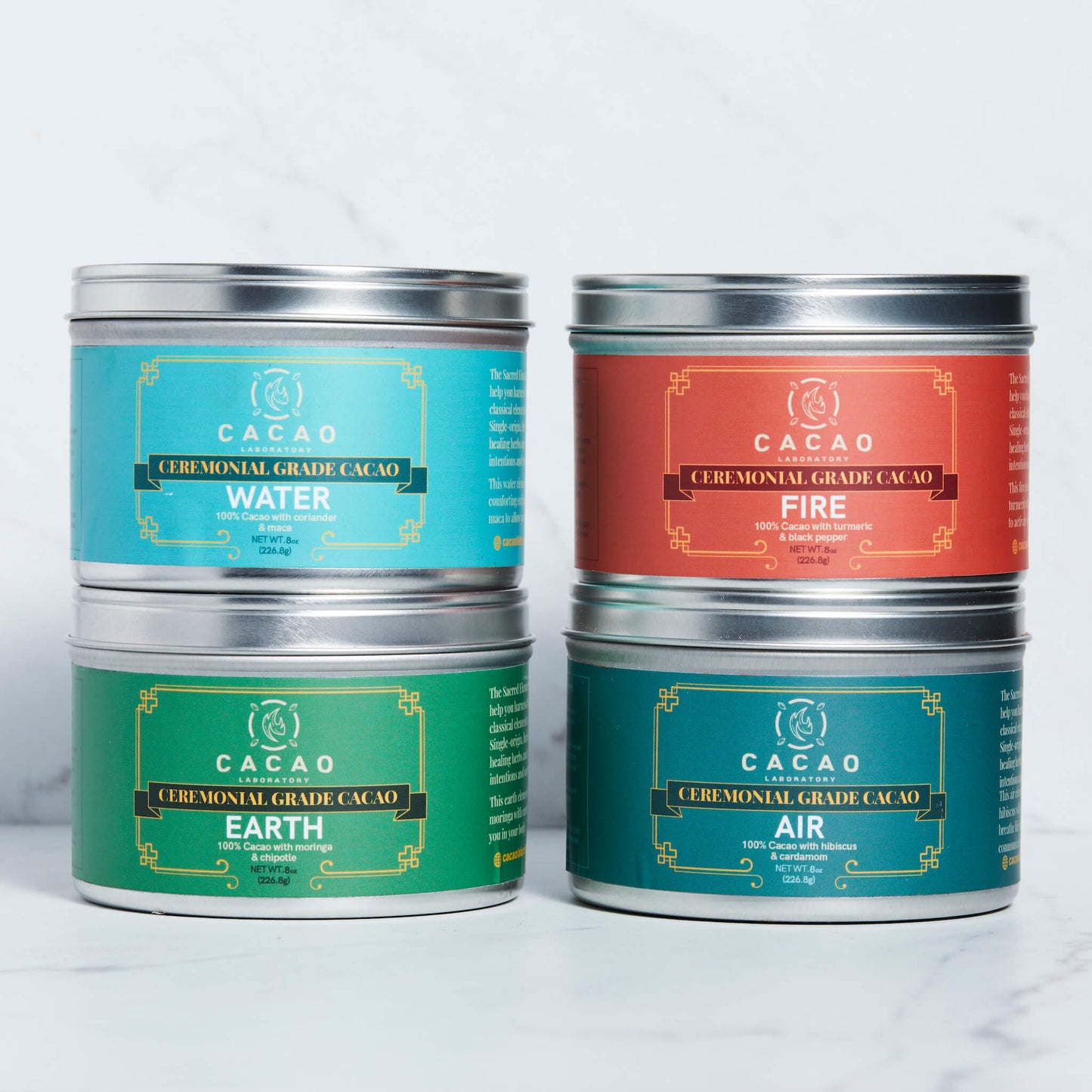 Ceremonial Cacao — Element Blends Tins Variety Pack, Organic — Wholesale (24 tins - 8oz each)