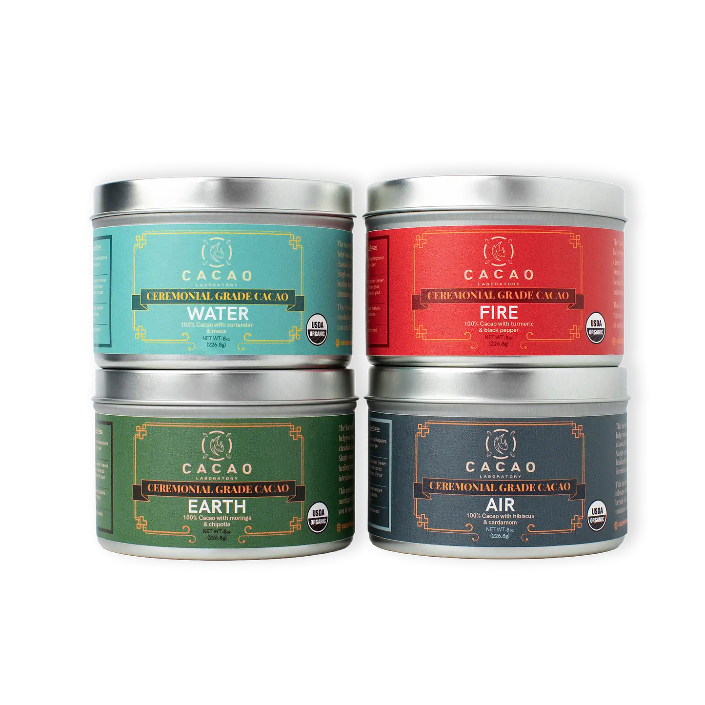 
                  
                    Ceremonial Cacao — Element Blends Tins Variety Pack, Organic (4 tins - 8oz each)
                  
                
