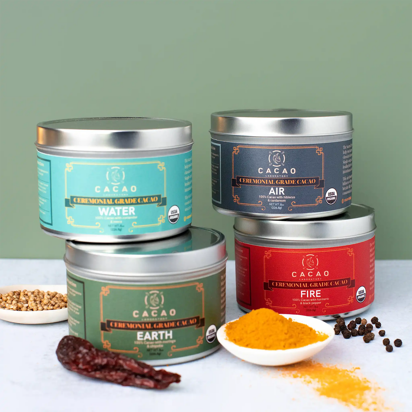 
                  
                    Ceremonial Cacao — Element Blends Tins Variety Pack, Organic (4 tins - 8oz each)
                  
                
