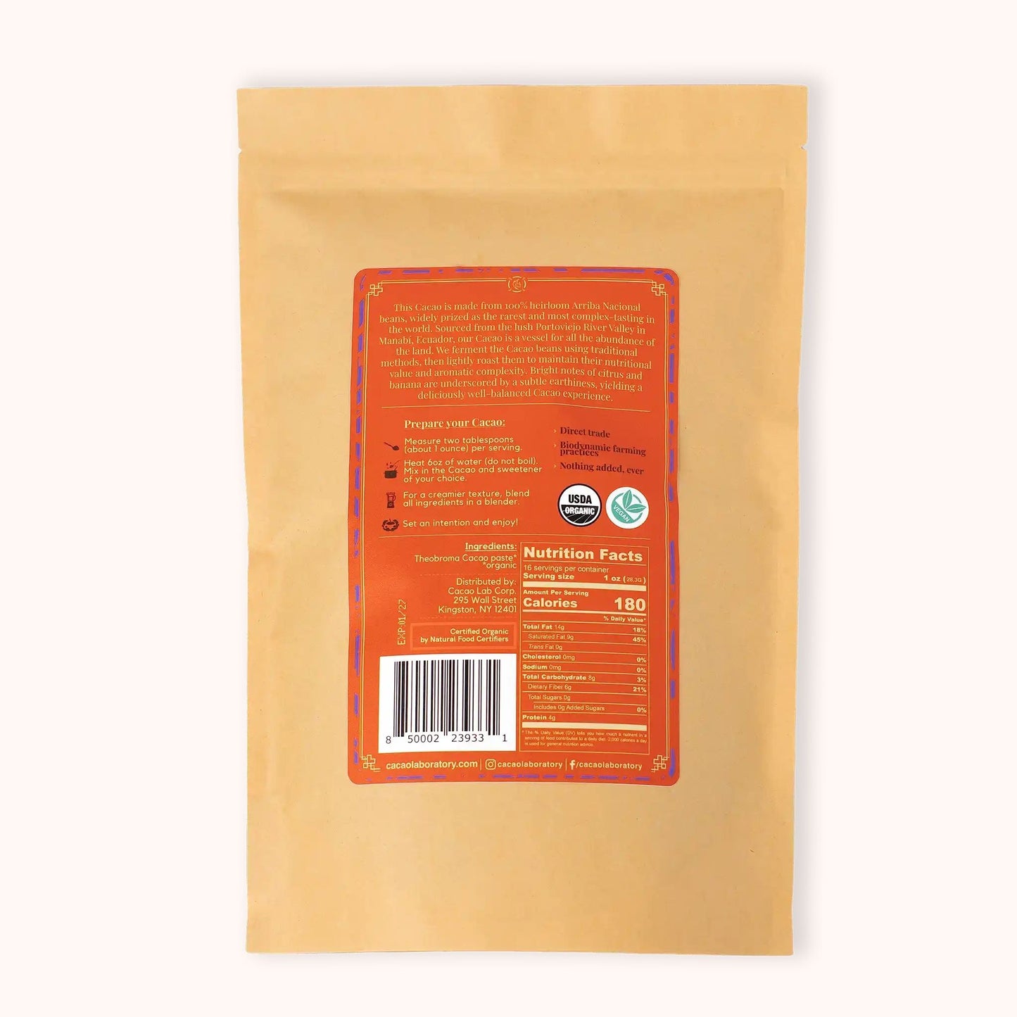 A cacao laboratory granulated stand-up pouch back with a large orange label showing product details, nutrition facts, and certification logos, photographed on a plain white background.