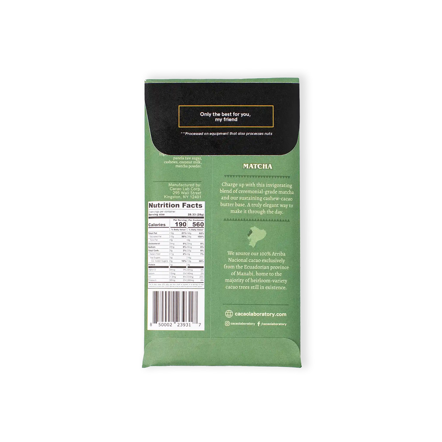 Green package with nutrition facts label on a white background