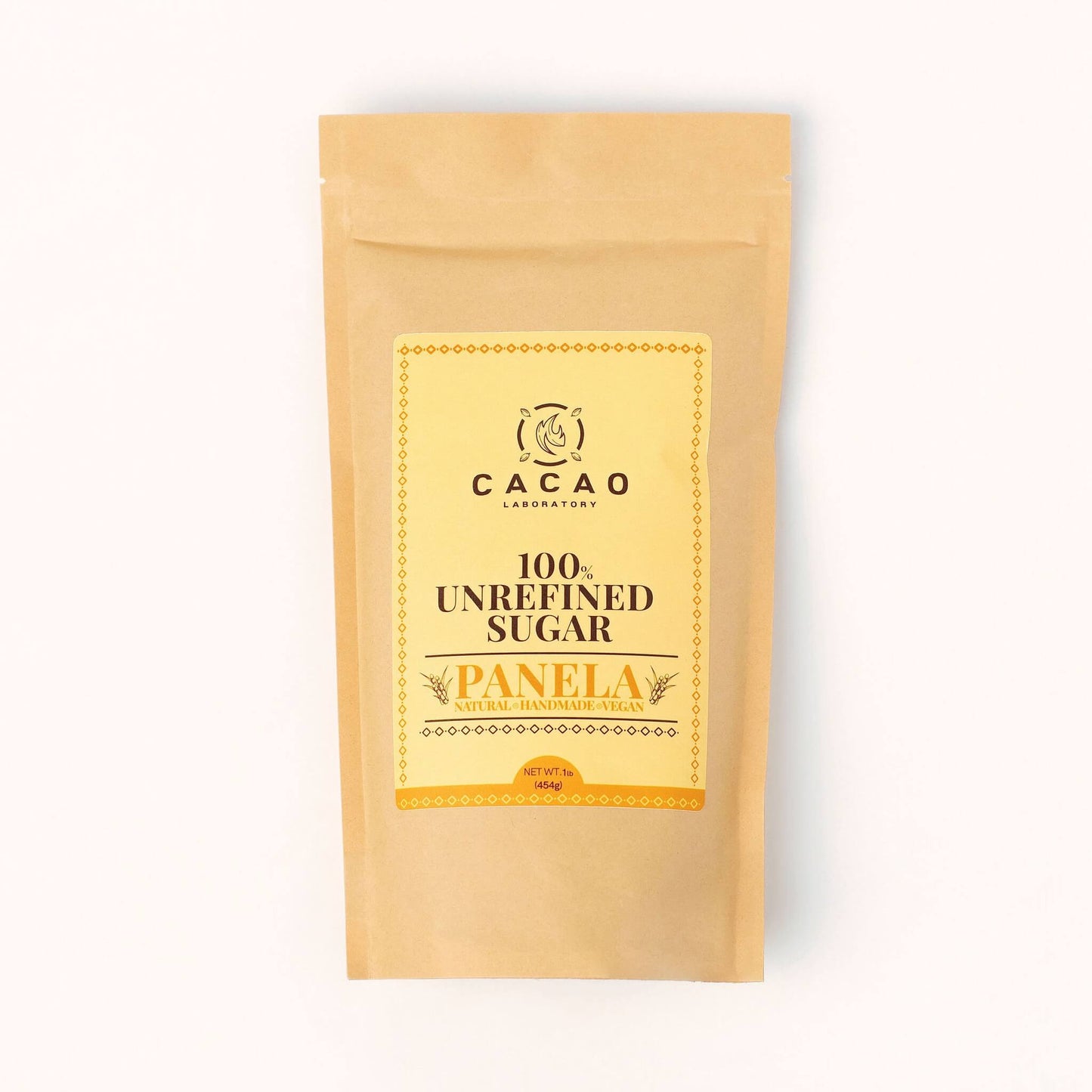 A stand-up kraft paper pouch of Cacao Laboratory 100% Panela Sugar, featuring a yellow label on a clean white background.