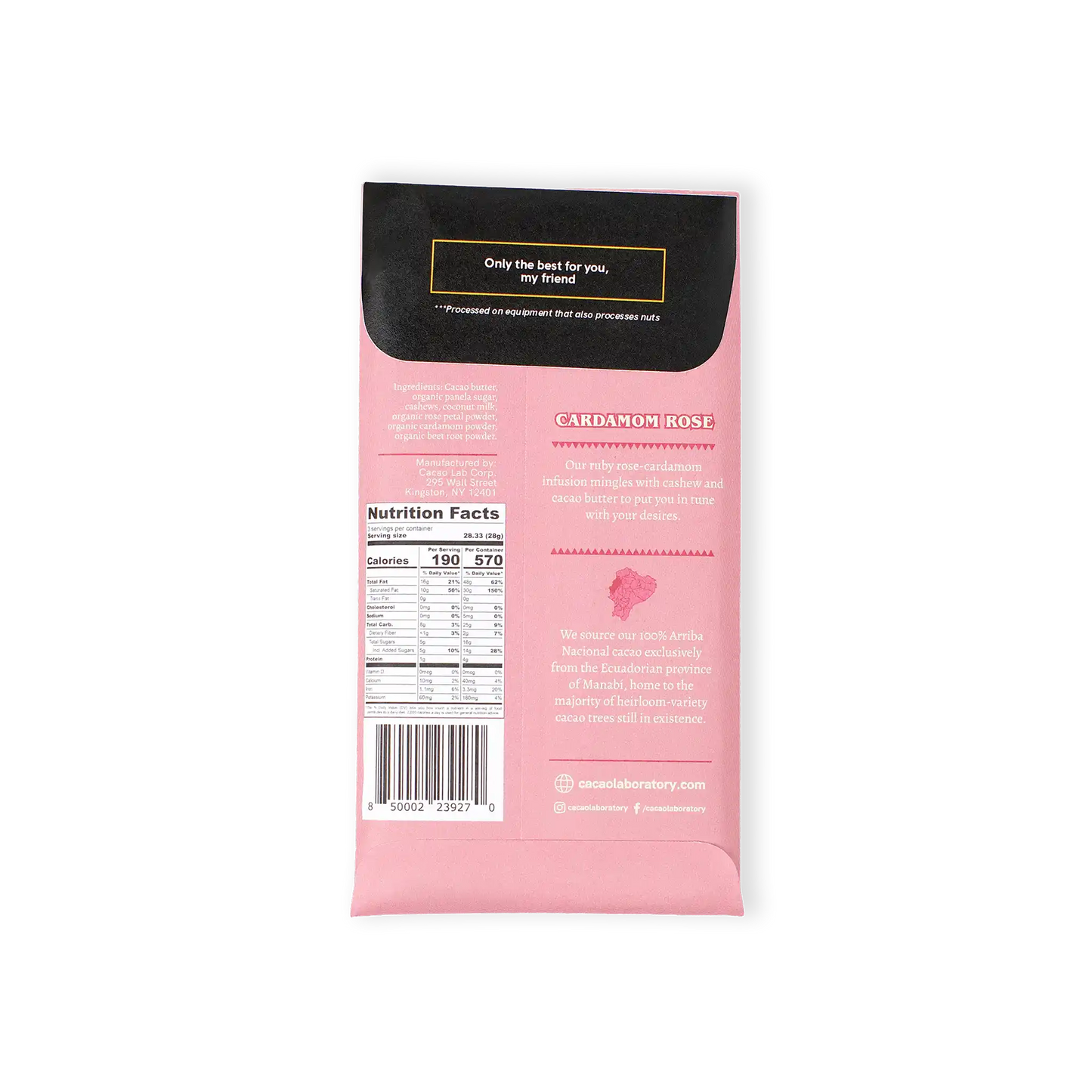 Pink packaging with black top section on a white background