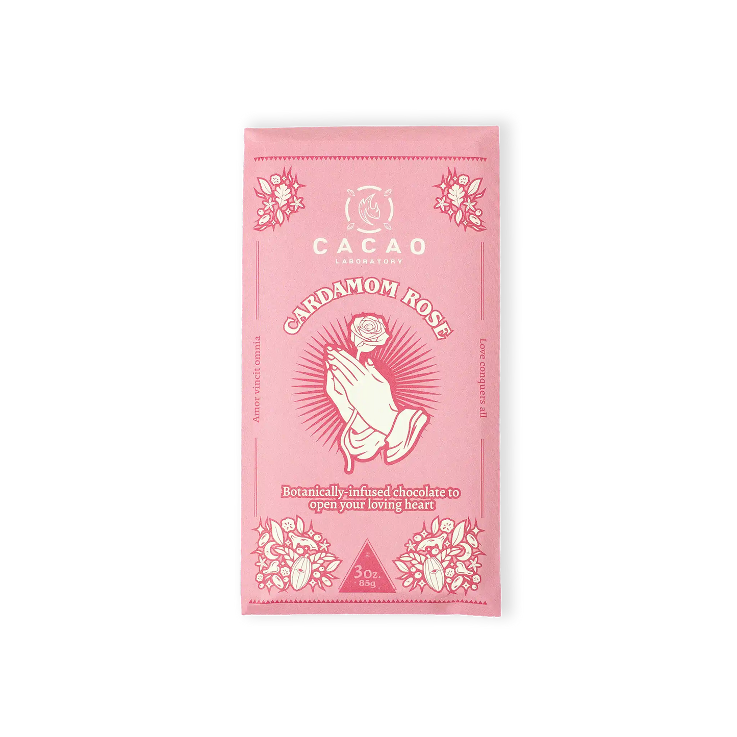 Pink chocolate bar packaging with 'Cacao' branding on a white background