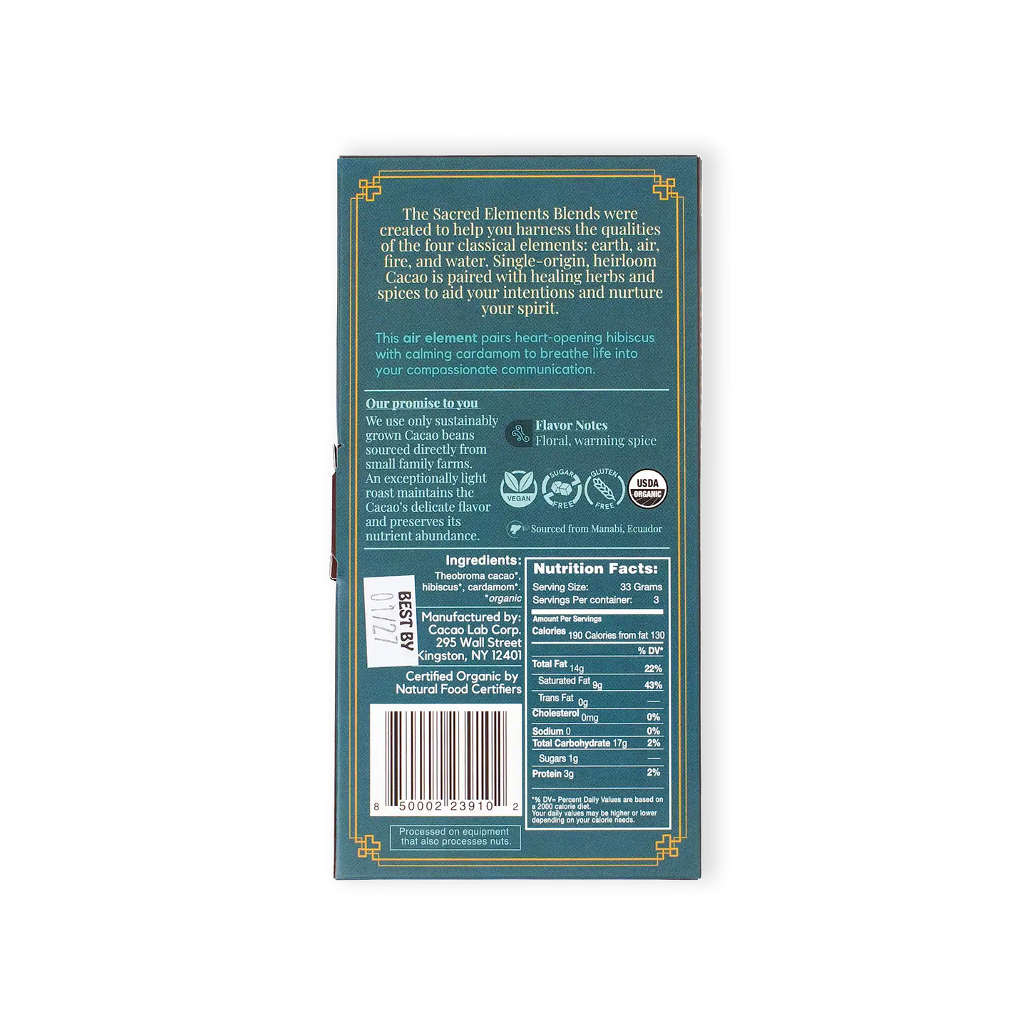 Back of a product packaging with text, bar code, and certification logos on a white background