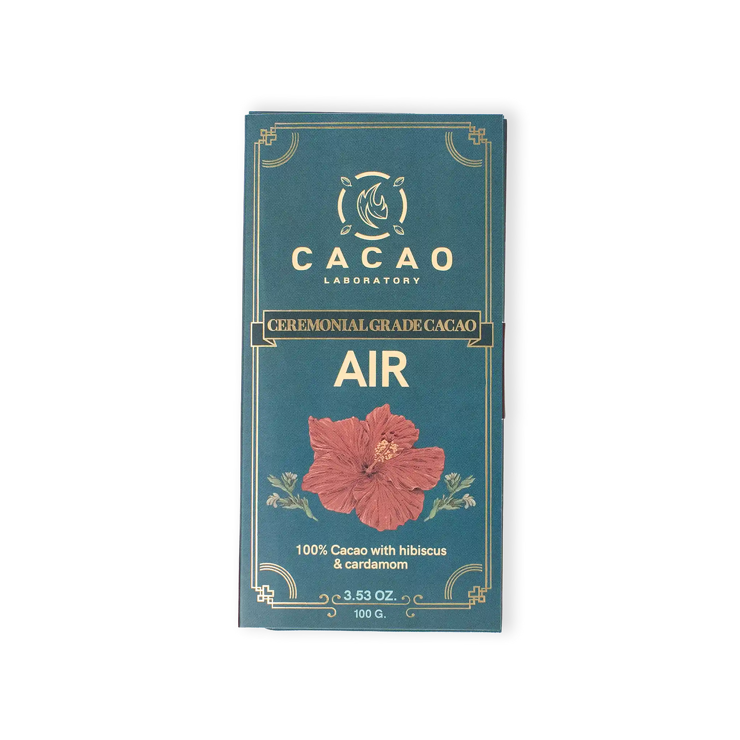 Cacao Laboratory Air cacao bar packaging with floral design on a white background