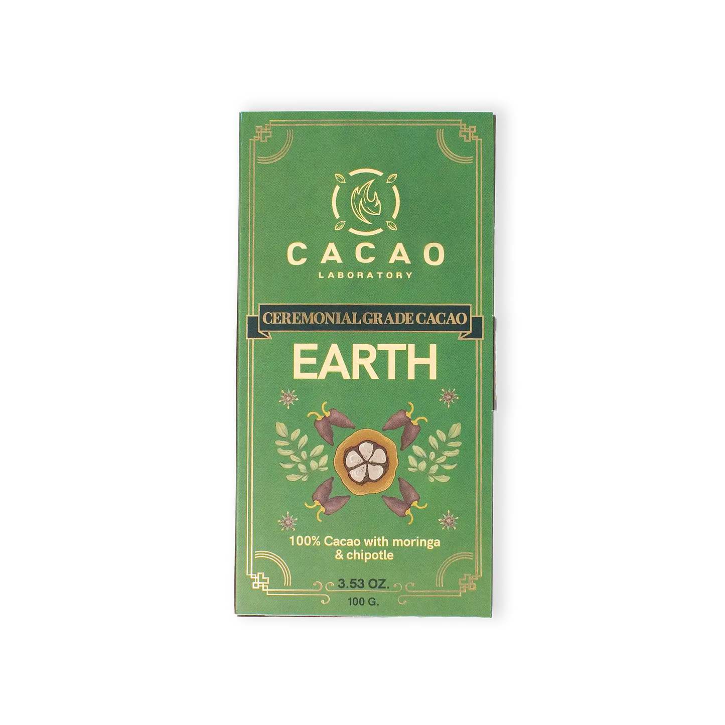 Green packaging of Cacao Laboratory Earth cacao bar on a white background