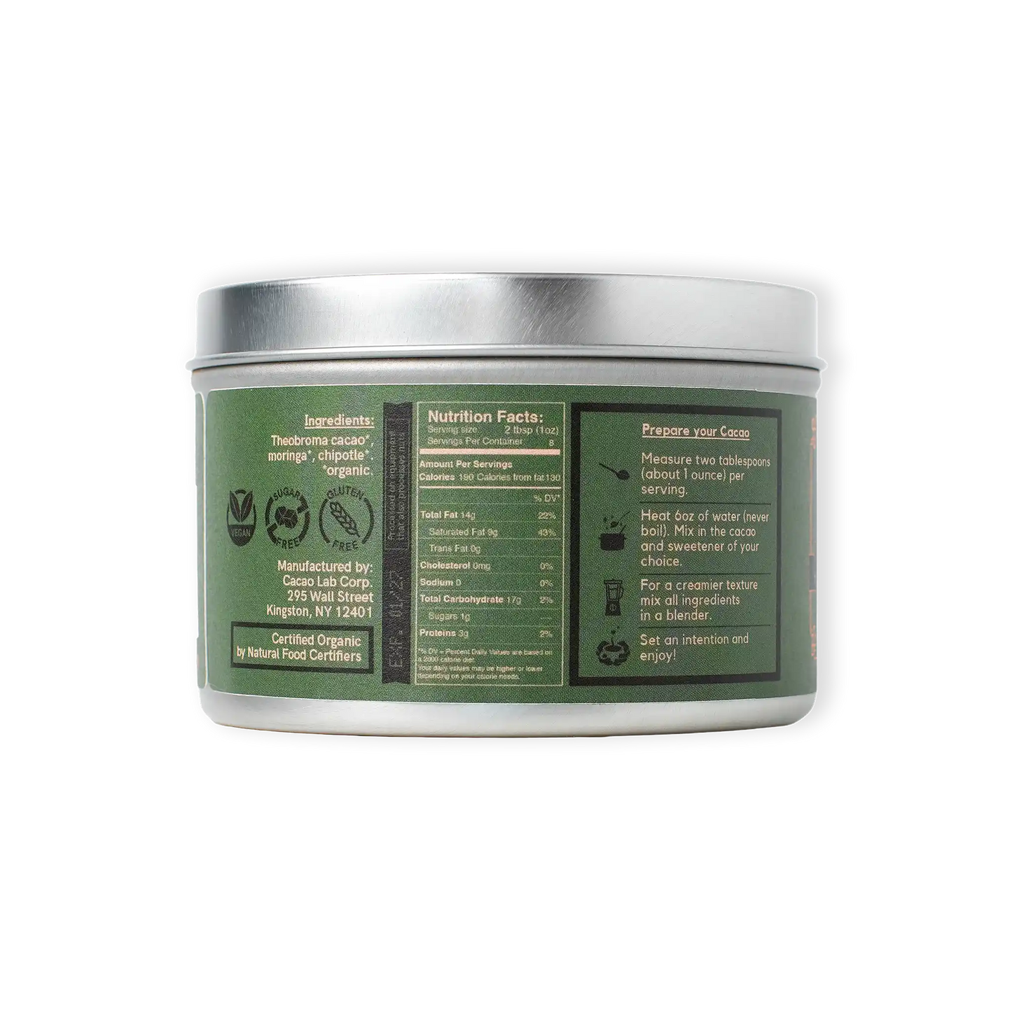 Container with green label on a white background