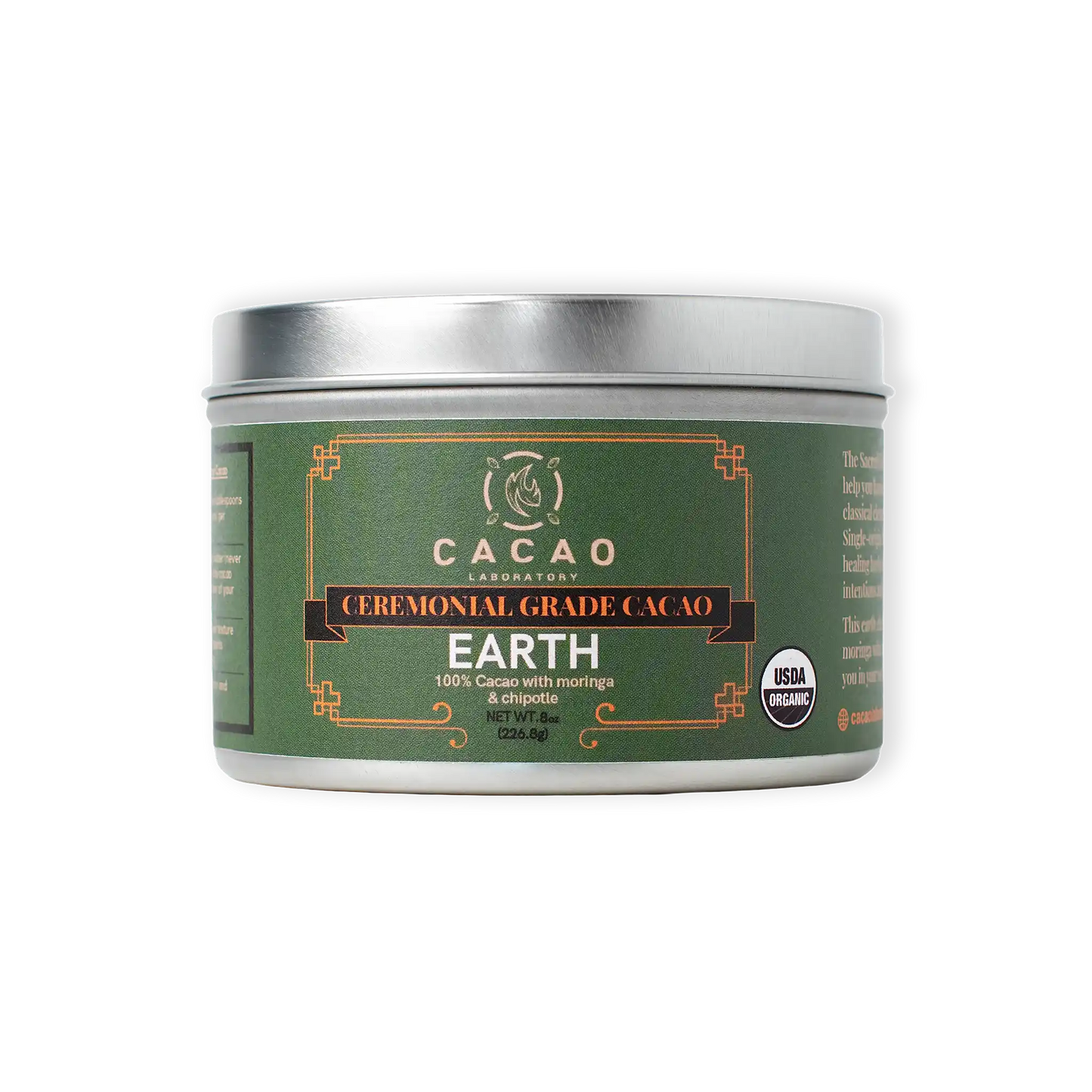 Cacao ceremonial grade cacao product in a green container with a silver lid on a white background