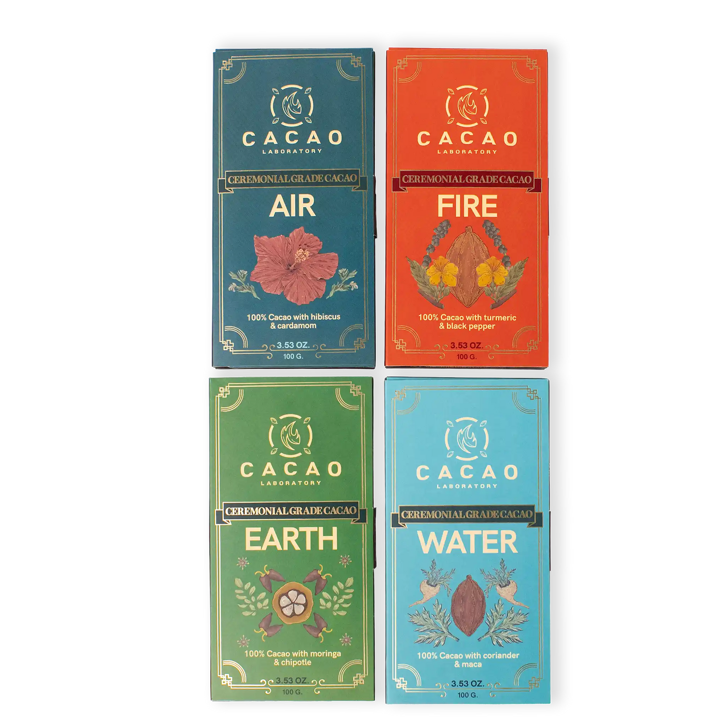 Four Cacao Laboratory cacao bars labeled 'Air', 'Fire', 'Earth', and 'Water' on a white background.