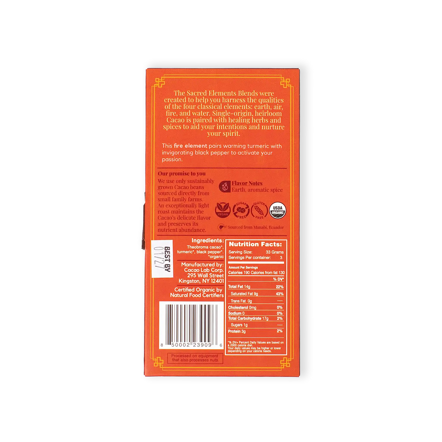 Back of a product packaging with text and labels on an orange background
