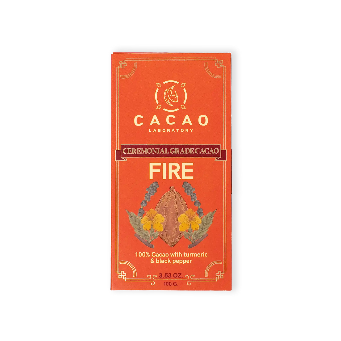 Cacao Laboratory Fire cacao bar packaging on a white background