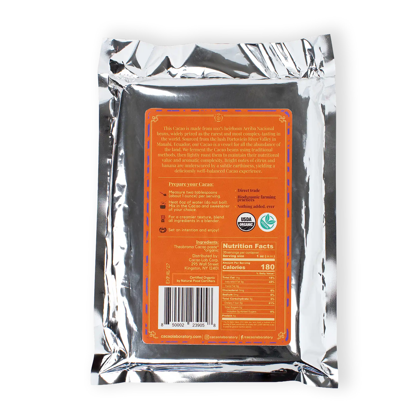 Back view Cacao Laboratory ceremonial grade cacao package with an orange label on a white background