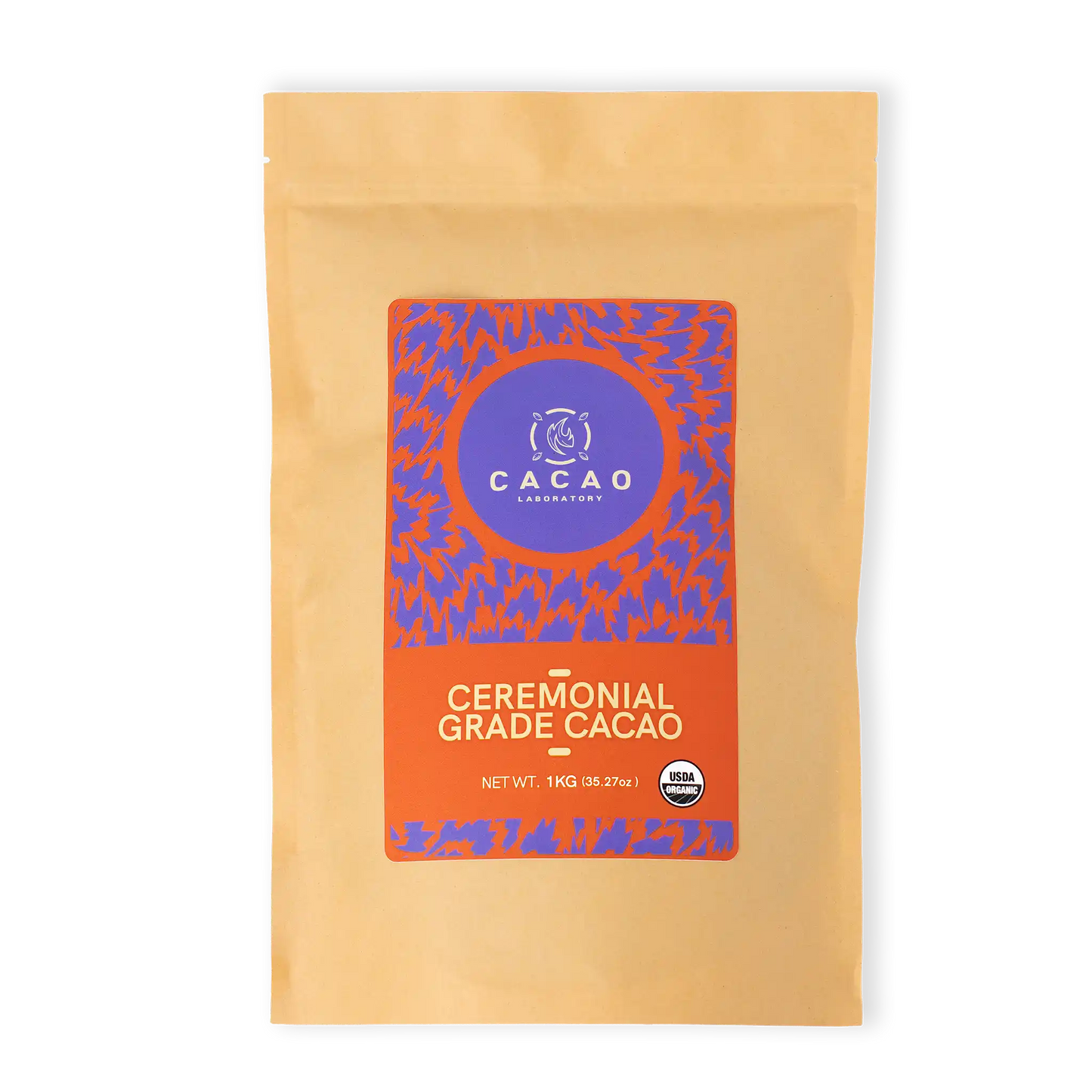 Cacao granule package with a purple and orange label on a white background