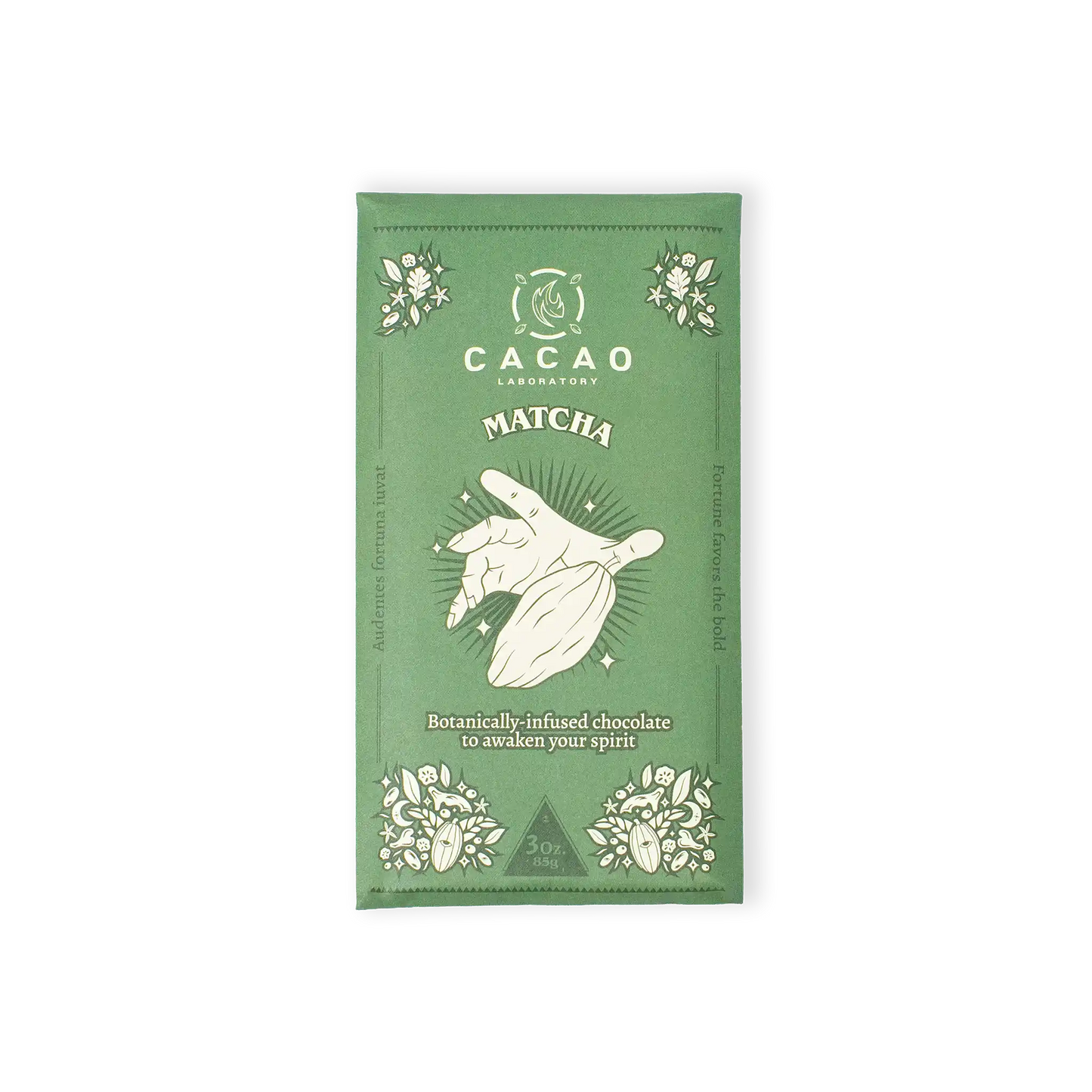 Green Cacao Laboratory matcha chocolate packaging on a white background