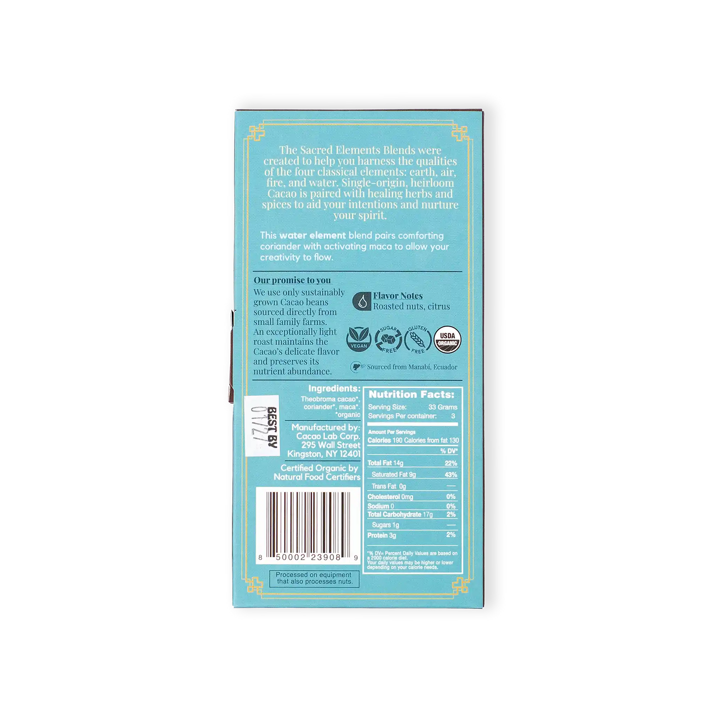 Back of a blue package with text and a barcode on a white background