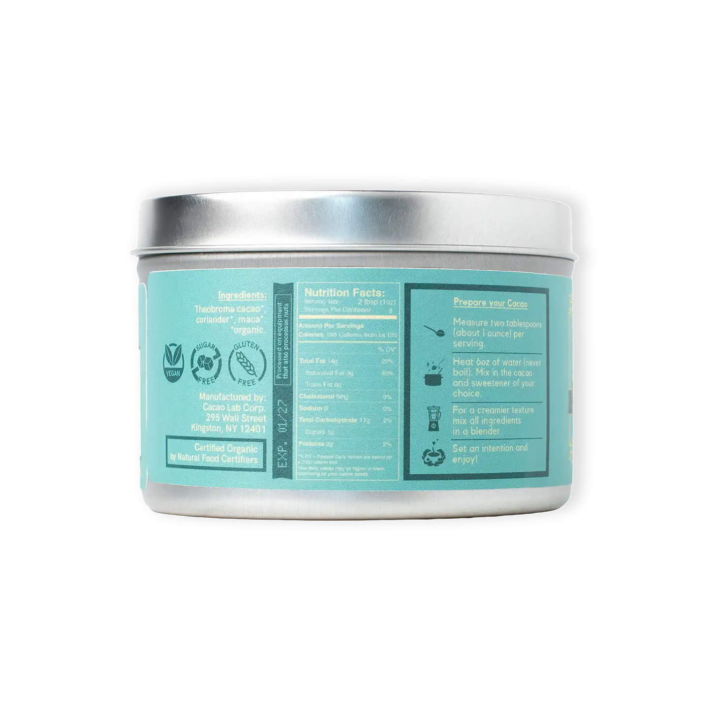 Container with a teal label on a white background