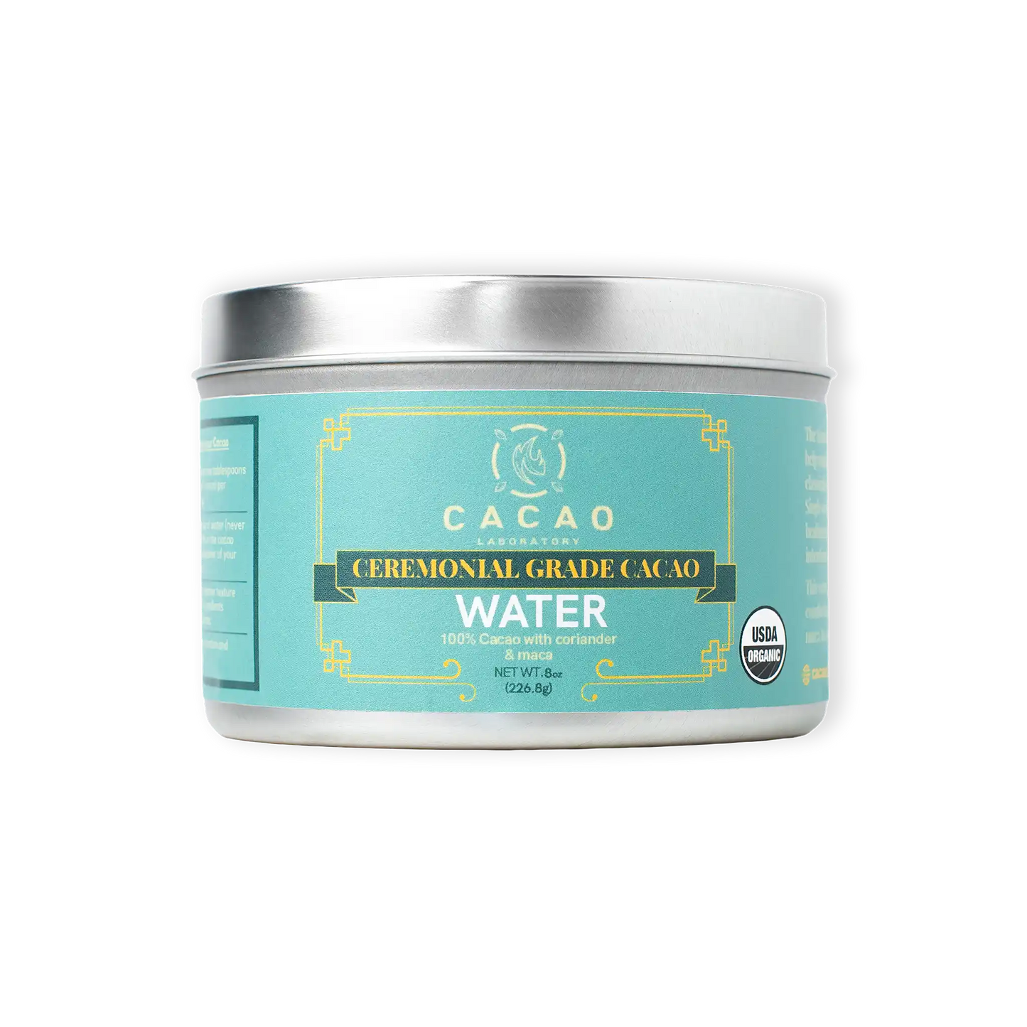 Ceremonial grade cacao water container with teal label on a white background