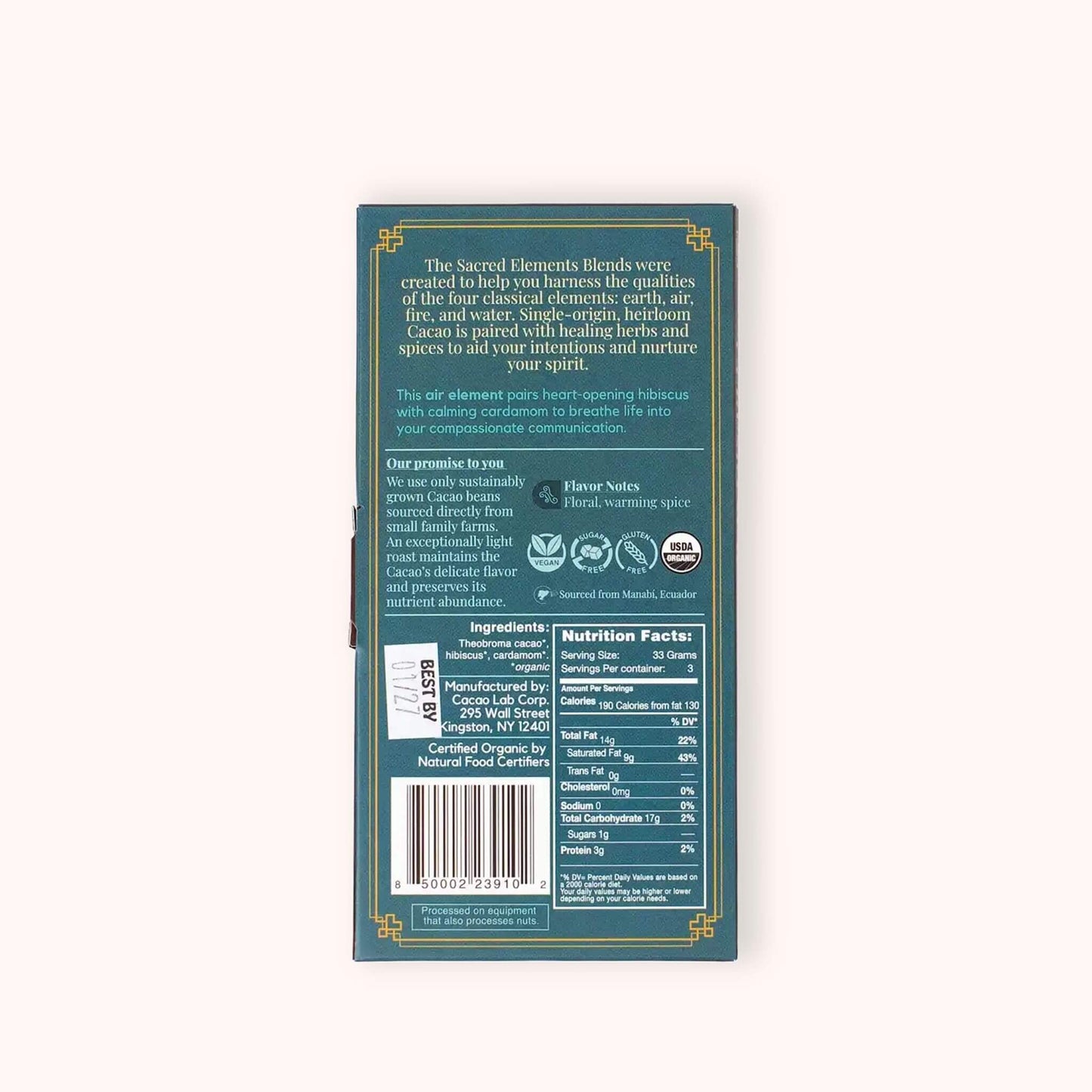 The back of a Cacao Laboratory Sacred Elements Air blend box, showing product details, ingredients, nutrition facts, and a barcode on a dark teal background with gold borders.
