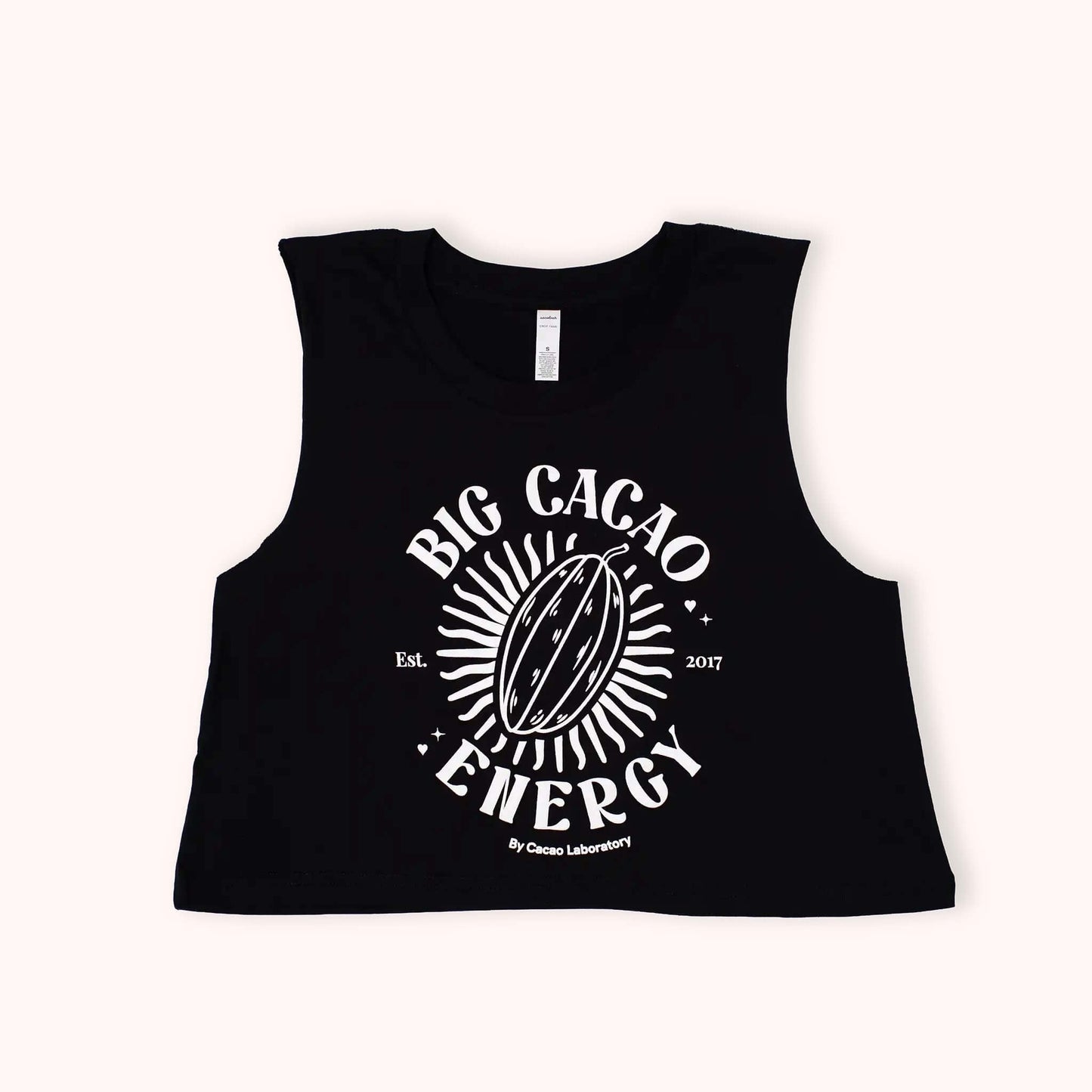 A black sleeveless crop top with a white graphic print reading 'BIG CACAO ENERGY' and 'By Cacao Laboratory' on a light cream background.
