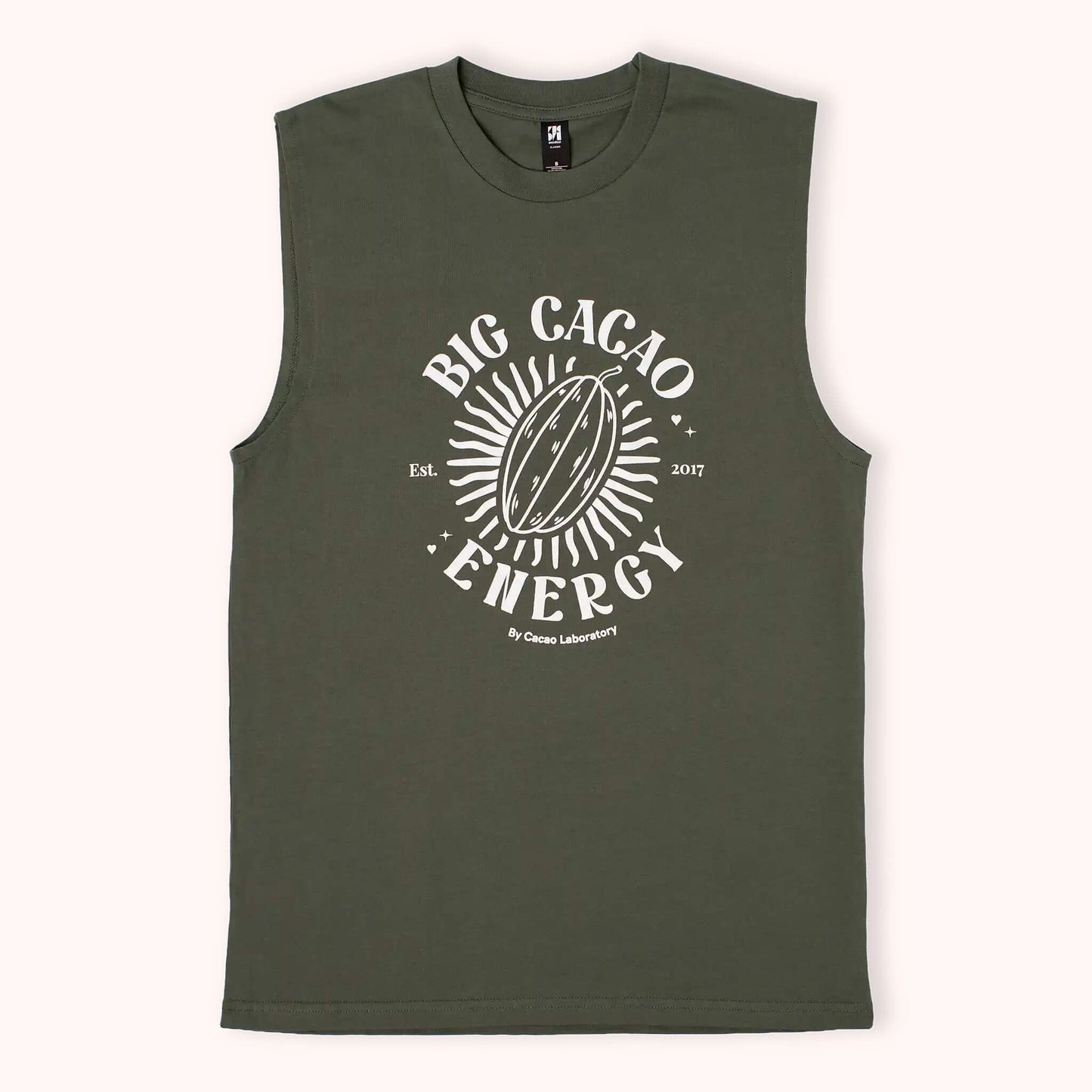 An olive green sleeveless muscle tank top with a white graphic print on the front reading 'BIG CACAO ENERGY' around a cacao pod illustration, shown flat against a light cream background.