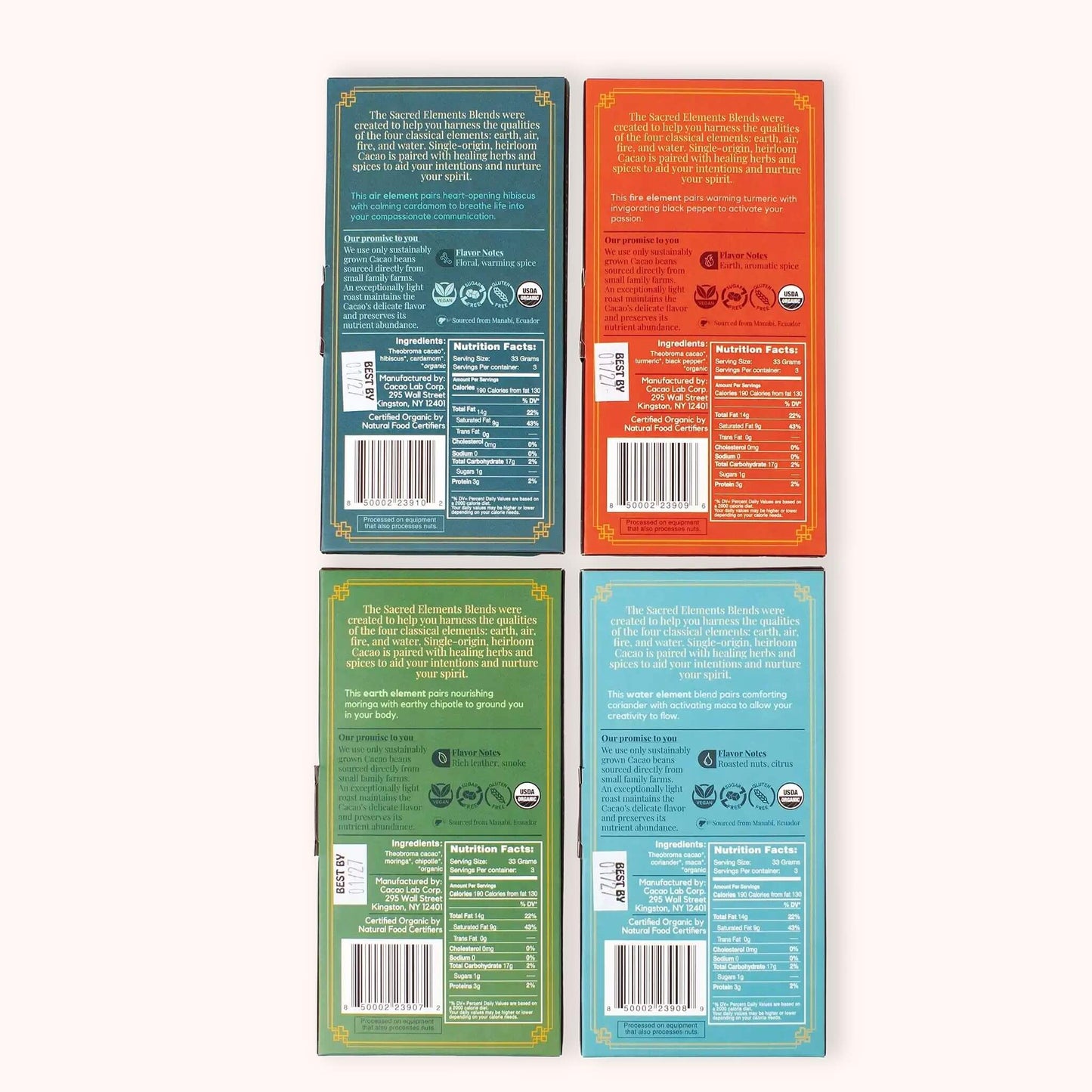 Four colorful product packaging back panels arranged in a 2x2 grid on a light beige background. The panels are teal, orange, green, and light blue, each showing product information, ingredients, and barcodes.
