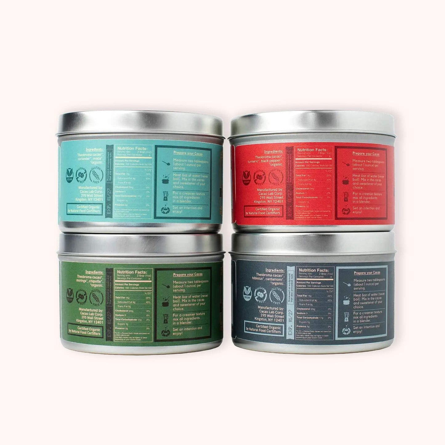 Four Cacao Laboratory ceremonial cacao tin back labels, arranged in a 2x2 grid on a light beige background. Each tin has a different colored label in teal, red, green, and dark blue-gray, with nutrition facts and product details printed on the back.