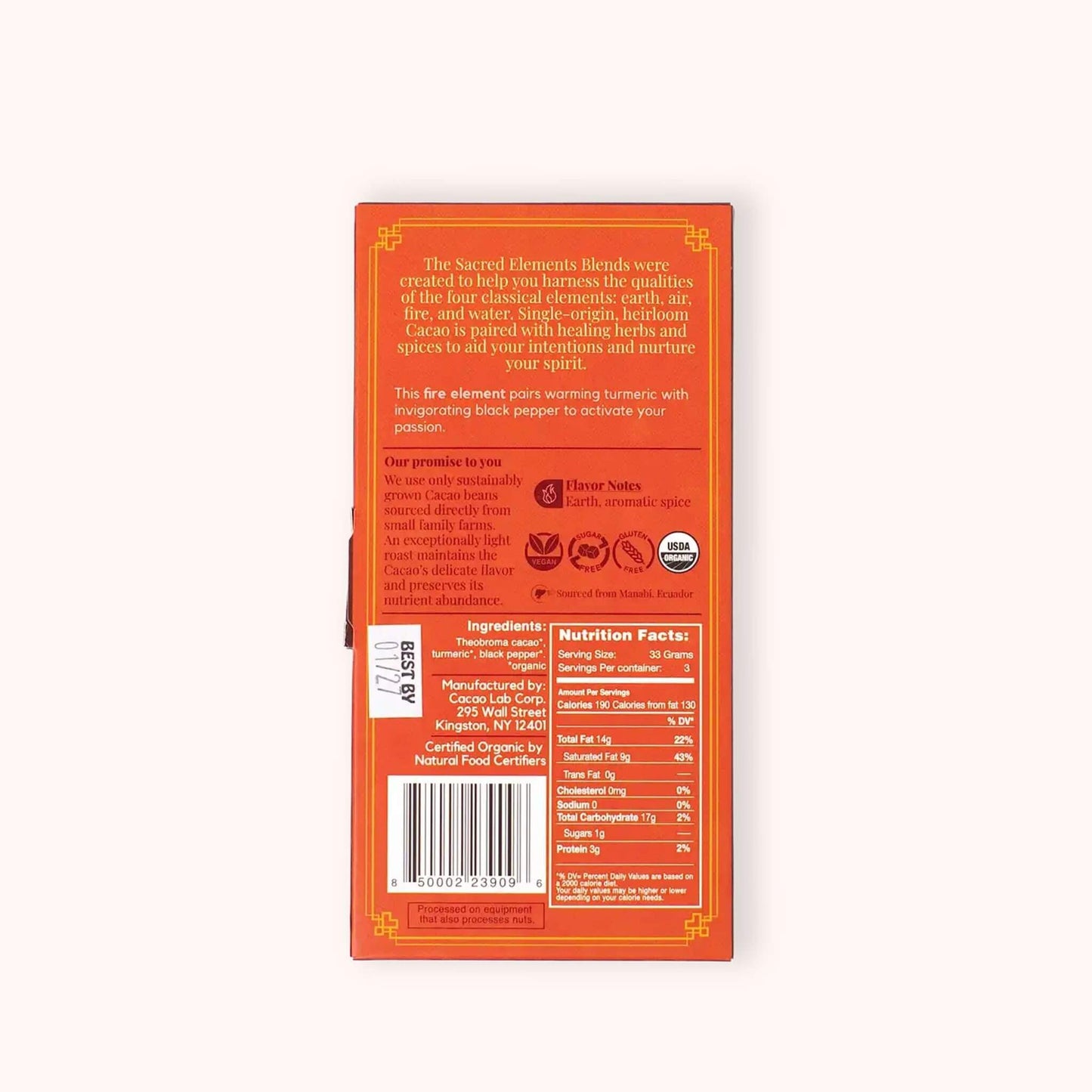 The back of an orange Sacred Elements tincture box, showing product details, ingredients, nutrition facts, and a barcode on a light beige background.