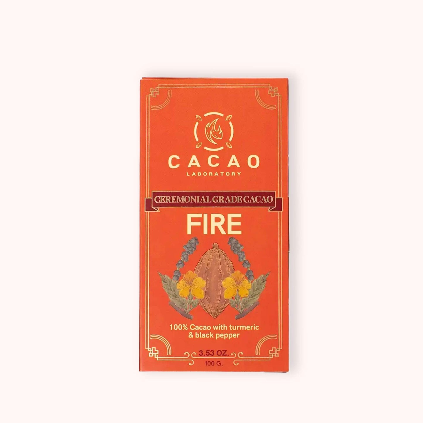 A 100g chocolate bar package from Cacao Laboratory, featuring a vibrant orange-red box with gold decorative borders, a central brown cacao pod illustration, and the word 'FIRE' in gold. The brand logo and name 'CACAO LABORATORY' are clearly visible at the top.
