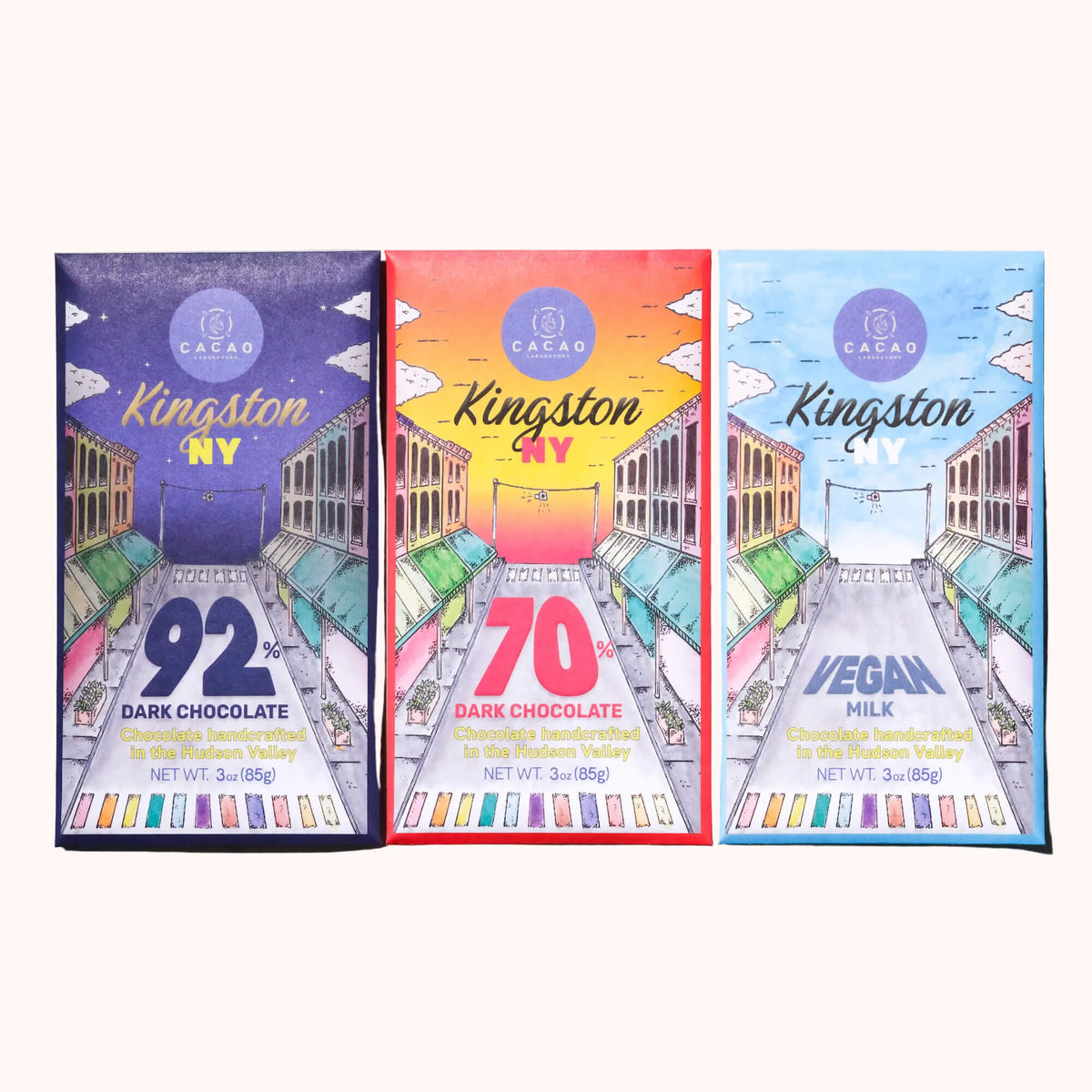 Cacao Laboratory Kingston Chocolate bar variety pack in colorful packages (front view)