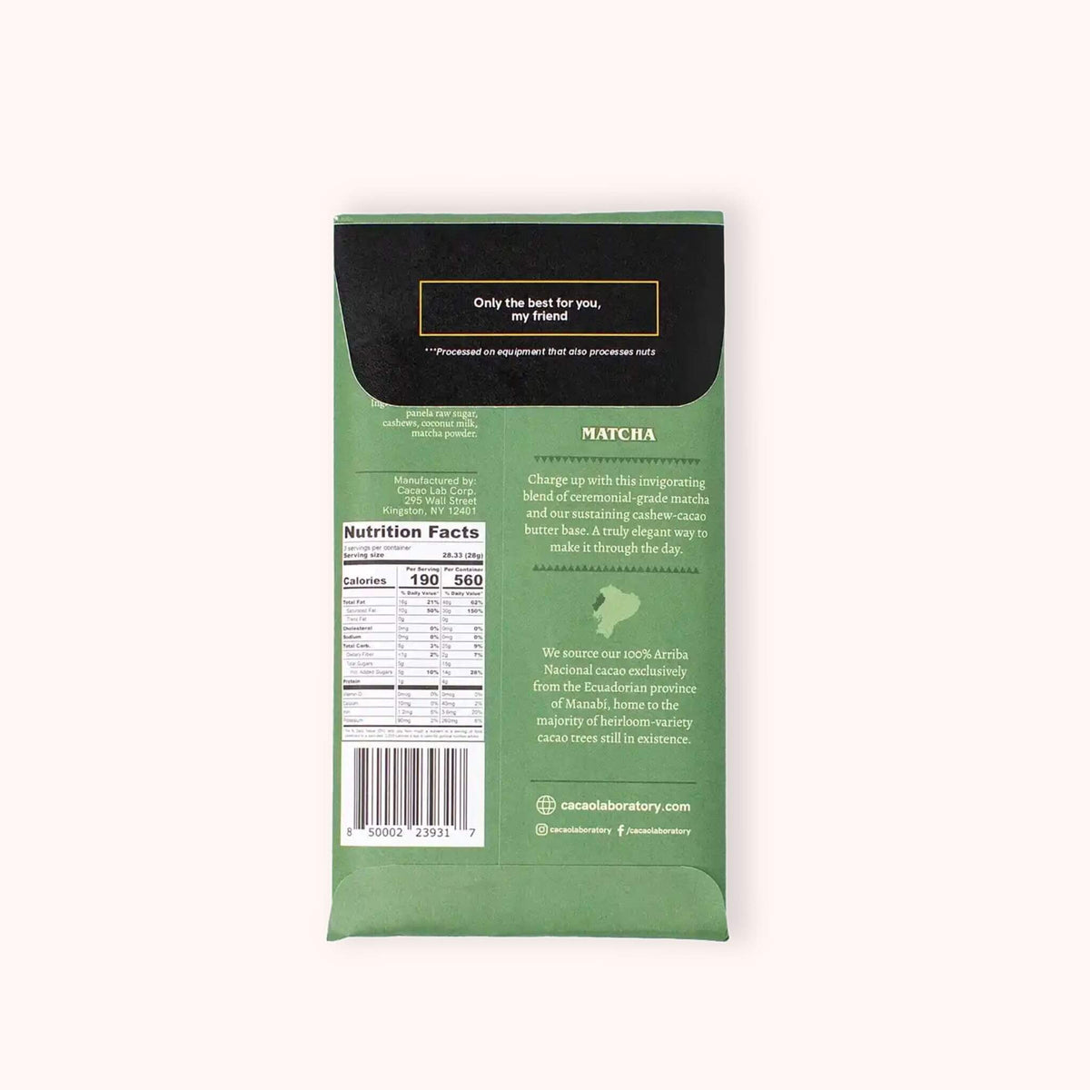 The back of a green and black matcha chocolate bar, showing the nutrition facts, ingredients, and brand name Cac Laboratory, set against a solid off-white background.o