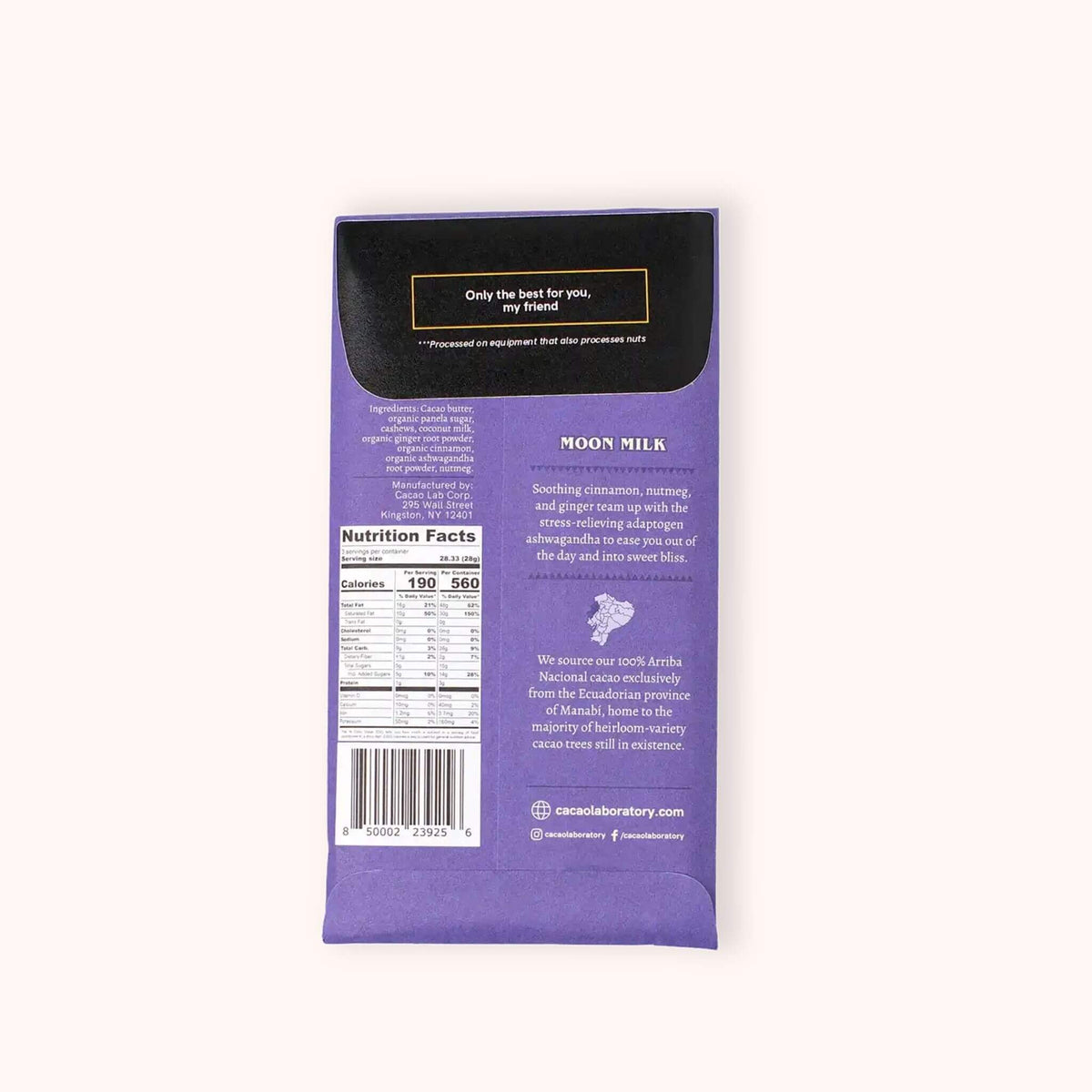 The back of a purple and black moon milk chocolate bar package, showing the nutrition facts, ingredients, and brand name Cacao Laboratory