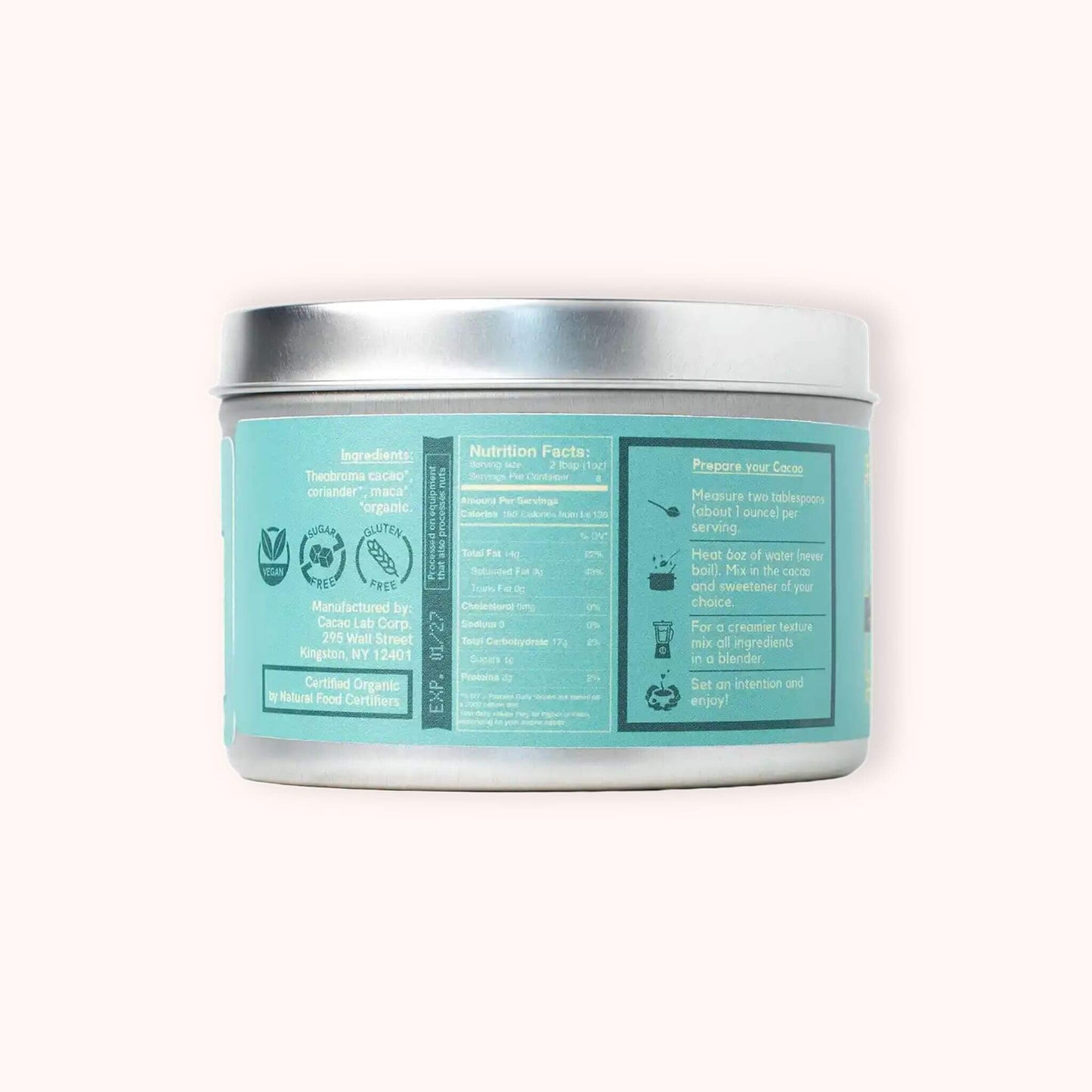 The back of a Cacao Laboratory ceremonial cacao water blend tin with informational panels