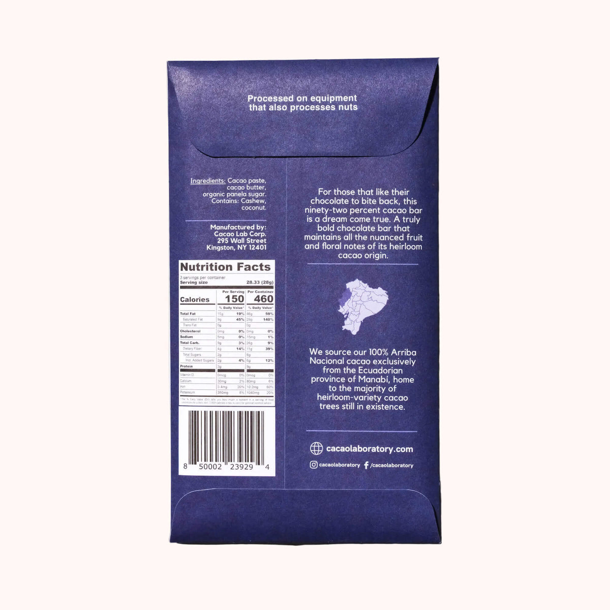 Cacao Laboratory 92 percent chocolate bar back