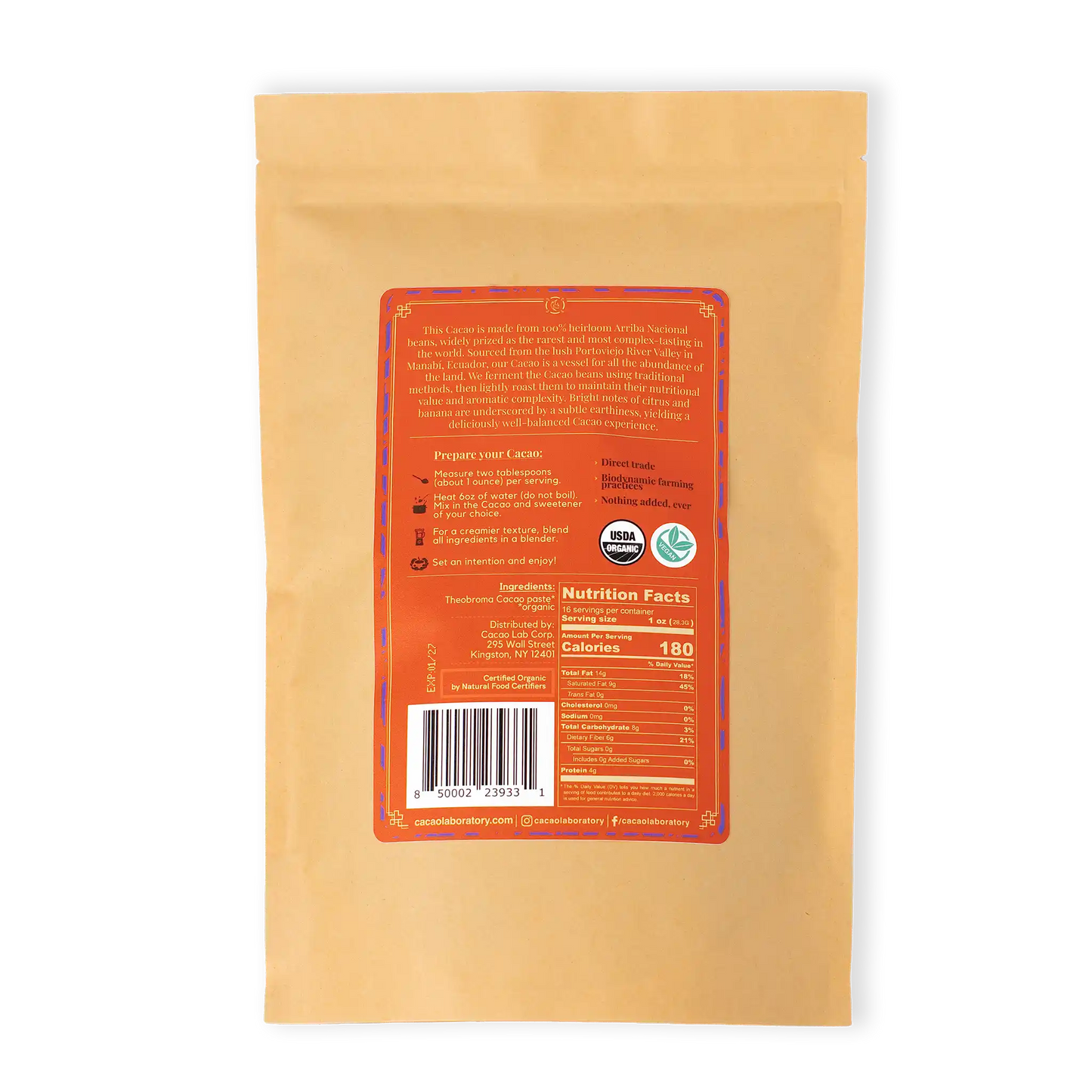 Back view of a brown paper package with an orange label containing text and a barcode.