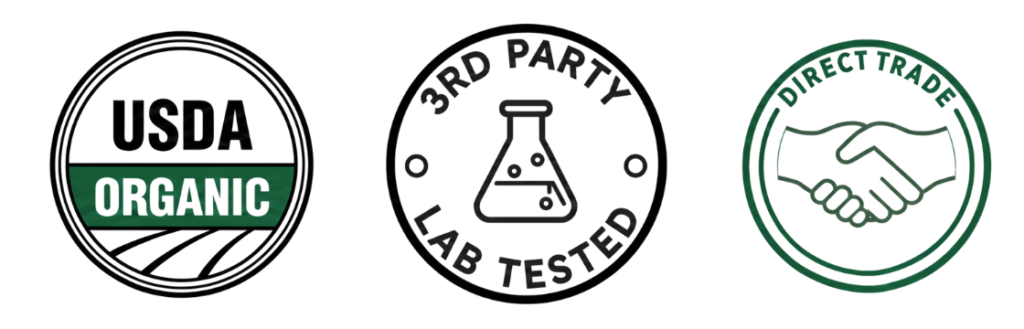 Three certification logos on a black background: Organic, 3rd Party Lab Tested, and Direct Trade.