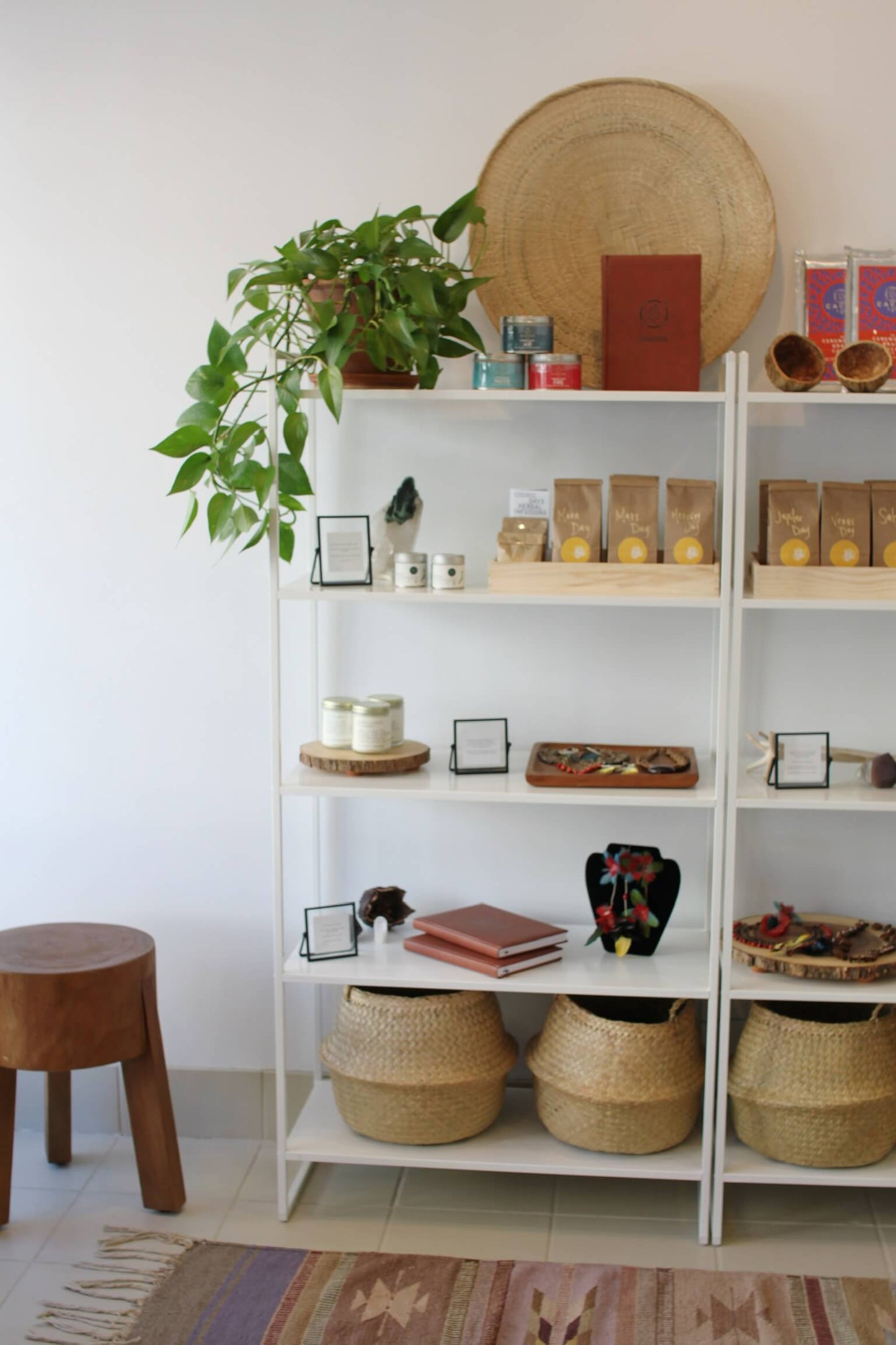 A shelf of ceremonial cacao products 