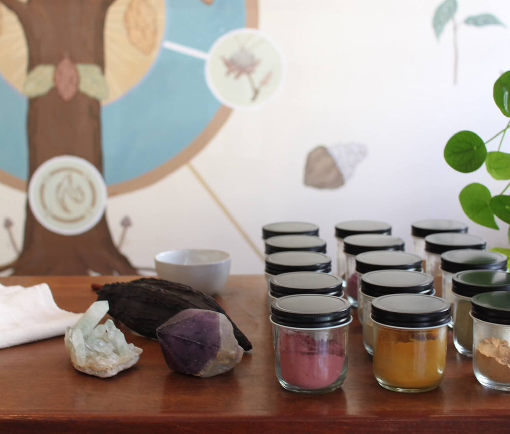 jars of medicinal herbs and crystals on a counter