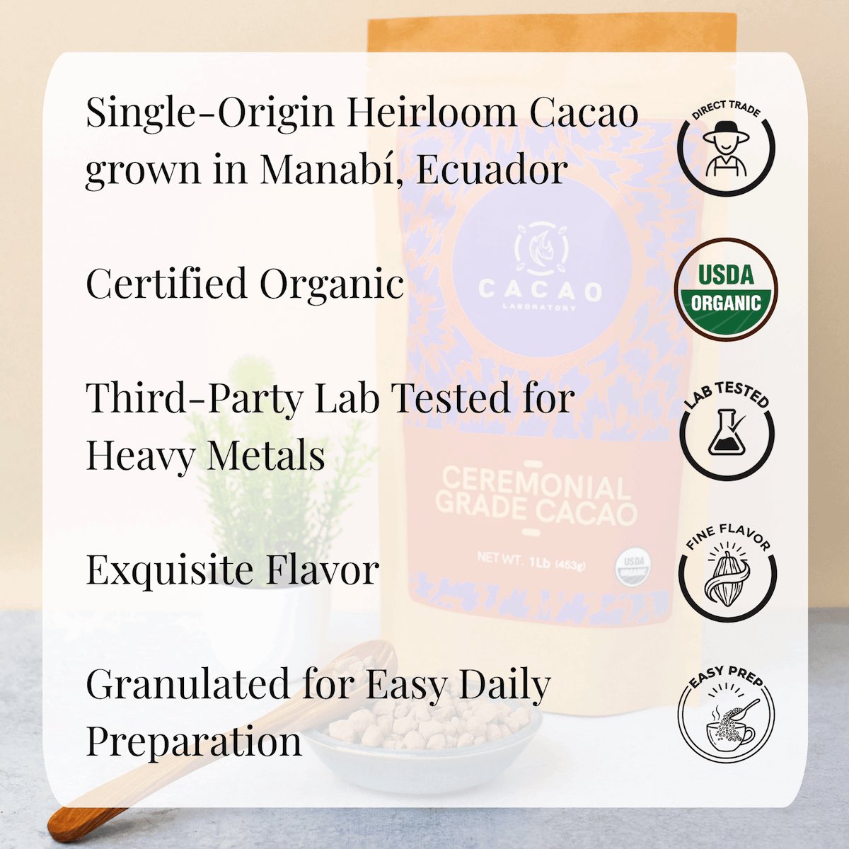 100% Arriba Nacional Ceremonial-Grade Cacao Pouch, Organic