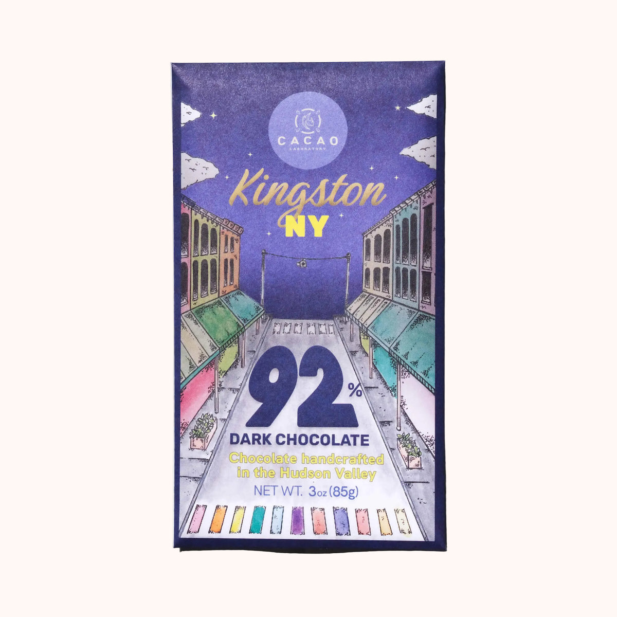Packaging of a 92% dark chocolate bar with brand name Cacao Laboratory, depicting an illustration of a chocolate factory and the text 'Kingston NY'.
