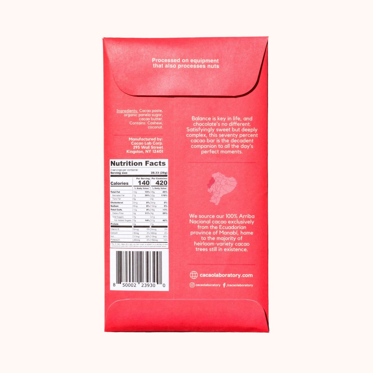 Back view of the Cacao Laboratory 70% chocolate bar with colorful red packaging