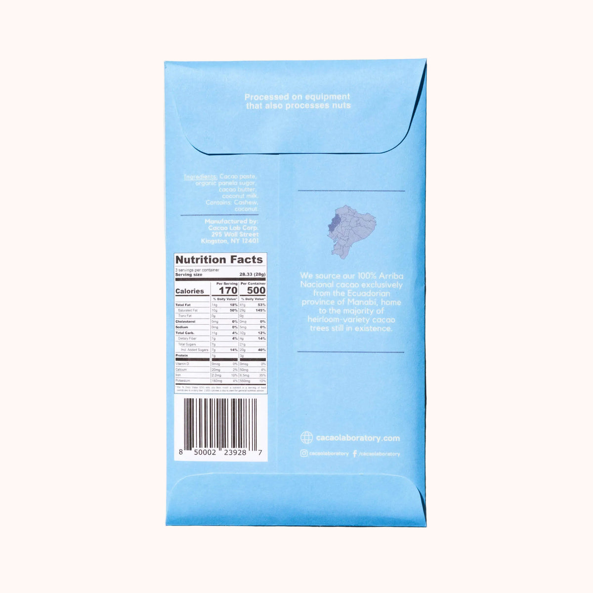 A chocolate bar packaging backside of the Cacao Laboratory Vegan Milk Chocolate Bar